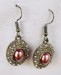 Pink & Silver Sparkle Dangle Earrings Rhinestone Diamonds ~ Pretty - Picture 1 of 4