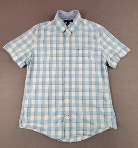 Tommy Hilfiger Men's Medium Blue Checkered Short-sleeve Button-Up Casual Shirt - Picture 1 of 8