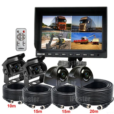9" QUAD SPLIT SCREEN MONITOR 4x CCD CAMERA 10+15+15+20m 4PIN Cables FOR TRUCK RV - Image 1 of 4