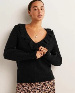 Suéter Boden Esponjoso Volantes Mezcla Lana Cuello en V Talla 4/M en Negro NUEVO - Imagen 1 de 11