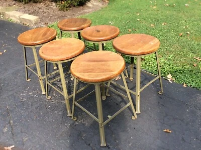 "Asientos de madera vintage de 14"" de 9-21""/taburetes de metal verde - muy buenos" Foto 1 de 4