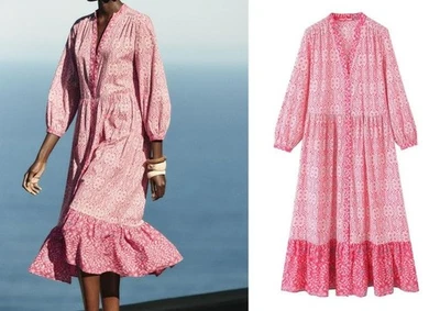 ZARA BOHO PRINTED MIDI COTTON RUFFLED DRESS -S - Image 1 of 4