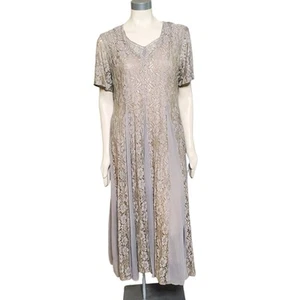 Vintage 80s She Fashions Floral Lace Dress Size M Pleated Panel Beige Womens - Picture 1 of 14