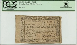 1776 Dec. 23, $2 South Carolina Colonial Note FR#SC-136a PCGS VF30 Fully Signed - Picture 1 of 2