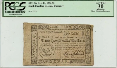 1776 Dec. 23, $2 South Carolina Colonial Note FR#SC-136a PCGS VF30 Fully Signed - Image 1 of 2