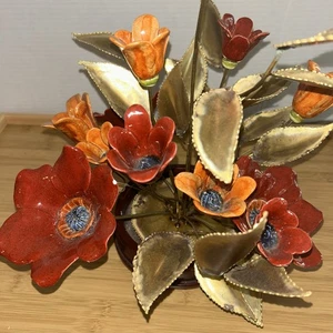 VINTAGE Rare Mid Century MCM Sculpture Copper Leaves And Ceramic Flowers - Picture 1 of 24