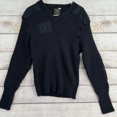 Citadel Military V-Neck Sweater Men's 46 Black 100% Virgin Wool Elbow Patches - Image 1 of 4