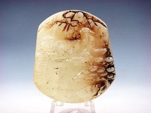 Old Nephrite Jade Stone Carved Pendant Ancient Boat Riders & Scenery #09102306 - Picture 1 of 7