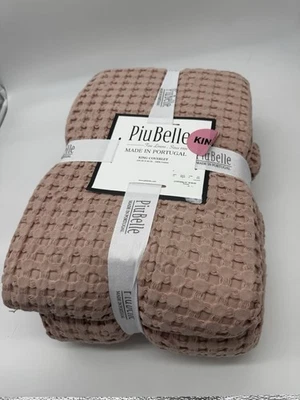 Piu Belle Portugal King Soft Cotton Pink Textured Waffle Coverlet - New - Image 1 of 4