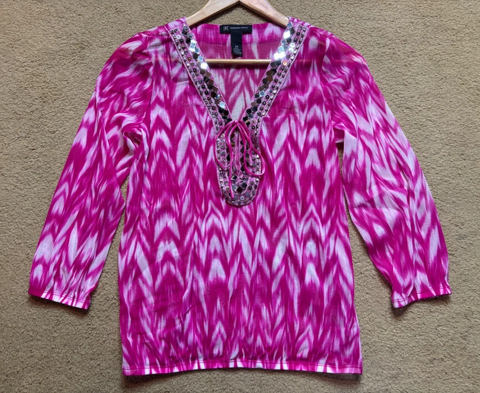 INC International Concepts украшенный Ikat шифоновое крестьянин блузка розовый белый XS - Изображение 1 из 4