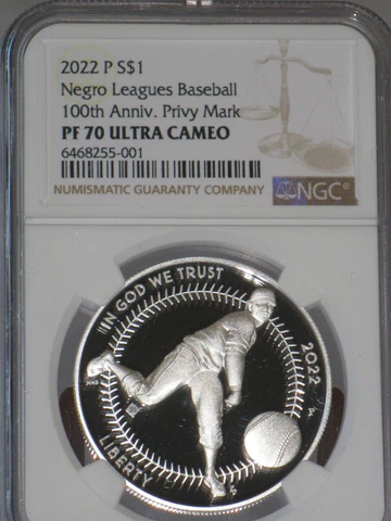 2022 P Negro Leagues Baseball Silver Dollar NGC PF70 U.C. Coin with Privy Mark Cover