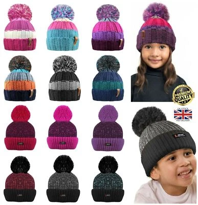New Boys Girls Warm Thermal Fleece Lined Knitted Marl Bobble Hat By Rockjock