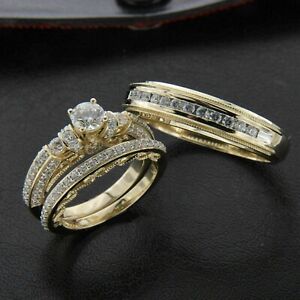 2 Ct Round Simulated Diamond Bridal Wedding Trio Ring Set 14k Yellow Gold Plated