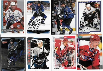 18 tarjetas de hockey firmadas de WASHINGTON CAPITALS-KOLZIG, BONDRA, SIMON, GONCHAR, COTE Foto 1 de 3