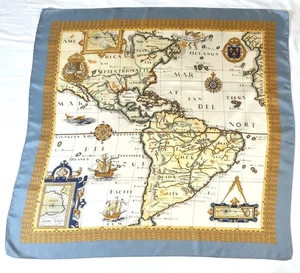 Vintage 1980s 1990s Nautical Map Silk Scarf Fantasy Cream Gold Blue 34" - Picture 1 of 8