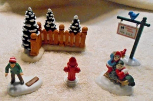 5 Piece Set of Department 56 Figurines and Trees, Fire Hydrant, & for Sale Sign - Picture 1 of 2