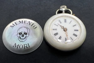 19c. Victorian Memento Mori Skull Small Pocket Watch Mother Of Pearl Case MOP - Bild 1 von 16