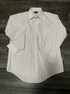 🔥Land's End Oxford White Pink Stripe Cotton Buttoned Shirt Size 16 34-35 - Picture 1 of 13