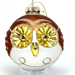 Robert Stanley Owl Ornament Glass Indent Big Eyes Face Glitter Gold Bronze Ball - Picture 1 of 20