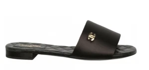 Chanel 22P Black Satin CC Logo Quilted Leather Slide Mule Sandal Flop Flat 38 - Picture 1 of 12