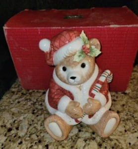 RARE Fitz & Floyd Christmas Teddy Bear Cookie Jar w/ Peppermint and Holly Sprig - Picture 1 of 9