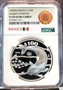1992 MEXICO SILVER 100 PESOS VAQUITA PORPOISE NGC PF 69 ULTRA CAMEO GREAT COIN - Picture 1 of 3