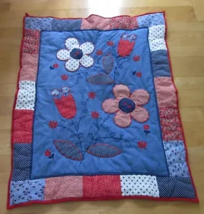 Bananafish Blue Red Flowers Baby Quilt Blanket - Picture 1 of 4