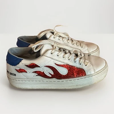 Chiara Ferragni 白色皮革系带红色闪光火焰运动鞋 38 码美国 8 码 — 第 1/4 张图片