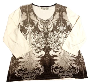 Zenergy by Chicos Womens Top Sz 2 US L Ivory Brown Floral V-Neck 3/4 Sleeve NWOT - Picture 1 of 13