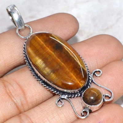 925 Silver Plated Long Tiger Eye Ethnic Pendant Jewelry Size 2.4" GW - Image 1 of 3