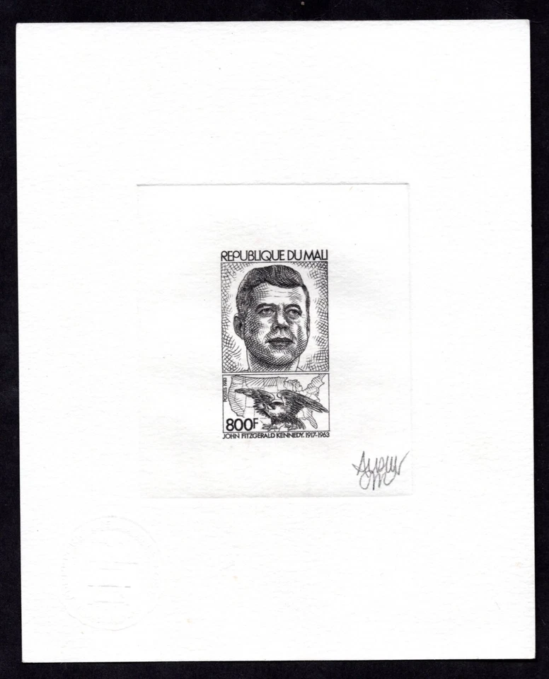 FRANCE MALI 1983 PRES. JOHN F. KENNEDY SCOTT #468 LARGE SUNKEN DIE PROOF SIGNED - Image 1 of 2
