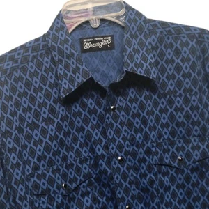 Wrangler Pearl Snap Shirt L Blue Black Diamond Western Cowboy Herren - Bild 1 von 12