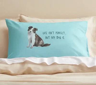 Morgan & Finch Standard Pillowcases Cotton Border Collie Dog Blue and White x2 - image 1 of 4