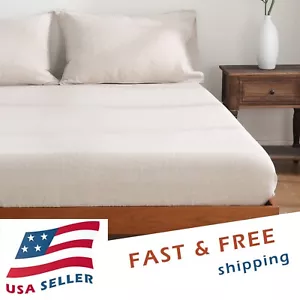 Luxury 100% Linen Bed Sheet 3 Pcs Set 1 Fitted Sheet 2 Pillowcases -Deep Pocket - Picture 1 of 71