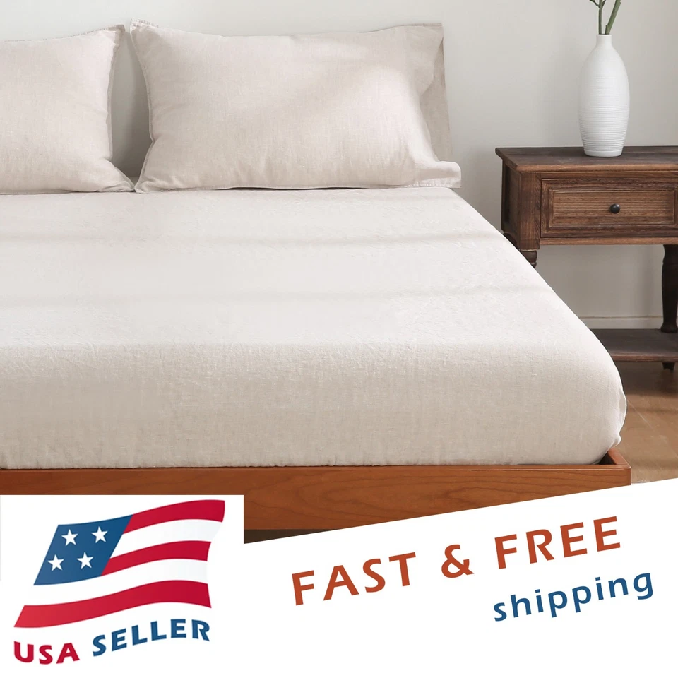 Luxury 100% Linen Bed Sheet 3 Pcs Set 1 Fitted Sheet 2 Pillowcases -Deep Pocket - Image 1 of 1