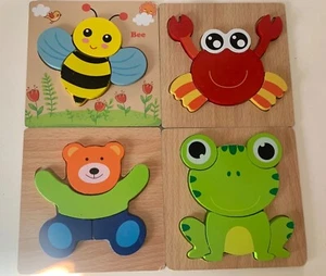 Wooden Puzzle 4 Puzzle Set Vibrant Color Shapes Educational Baby Animal - Picture 1 of 11