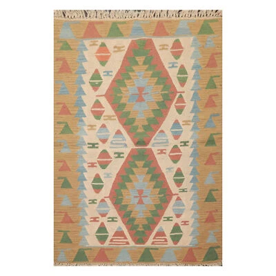 3'9" x 5'2" Hand Woven 100% Wool Southwestern Turkish Kilim Area Rug Beige - Image 1 of 4