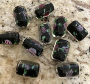 BLACK PINK FLOWER Cylinder Barrel glass lamp work 15mm Beads DIY JEWELRY MAKING - Picture 1 of 3