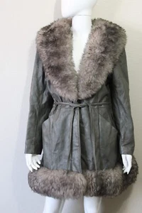 VTG 70s Scully California Gray Leather Shearling Fur Wrap Coat sheepskin Jacket - Picture 1 of 8