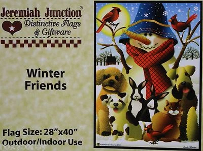 Jeremiah Junction Navidad Invierno Amigos Muñeco de Nieve Perro Conejo Pájaro Bandera 28x40 Foto 1 de 2