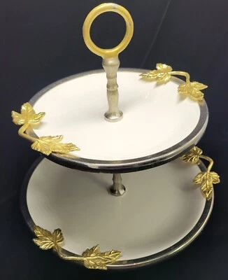 Vintage 2 Tier Serving Tray Stand Round Dessert Party Platter w/Gold Finish part - Image 1 of 4