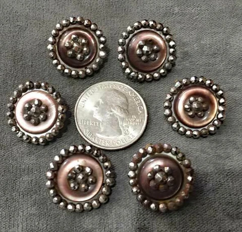 Antique CUT STEEL & MOTHER OF PEARL BUTTONS SET OF 6 Cover