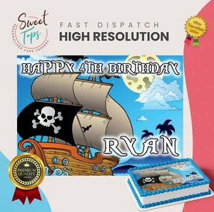 PIRATE SHIP RECTANGLE EDIBLE CAKE TOPPER DECORATION PERSONALISED - Picture 1 of 1
