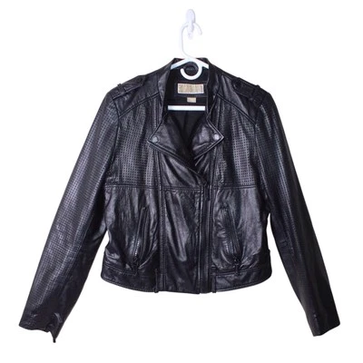 Chaqueta de Moto Michael Kors Corte Láser Cuero Asimétrica L Negra Cremallera Perforada Foto 1 de 4