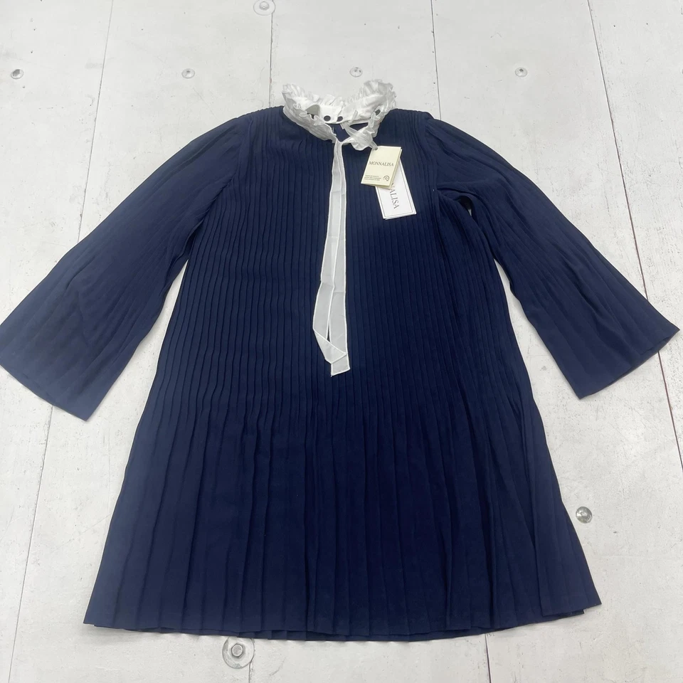Vestido Monnalisa Meninas XS 158 Azul Marinho Clarissa Plissado Babado Gola Gravata 18FABI - Imagem 1 de 4