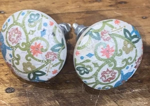 Pair Of Farmhouse  Ceramic Colorful Cabinet-Door-Dresser Knob Pulls w/Hardware - Picture 1 of 7