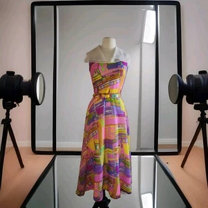 Vintage J Harlam Neon Chiffon Patchwork Pink Orange 60'S Short Sleeve Dress 12 - Picture 1 of 13