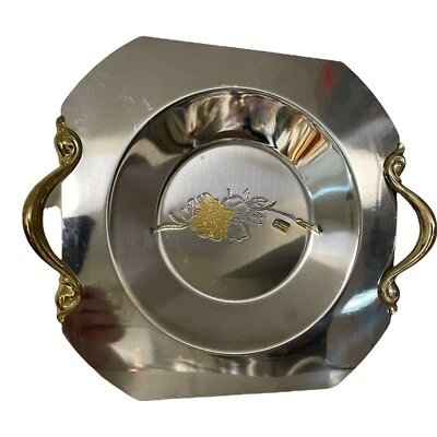 MGM Inox Etched 24KT Gold and Silver Floral Tray Made in Italy - Image 1 of 4