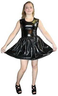 METALLIC SHINY PVC BLACK GREASE WETLOOK ROCKABILLY SWING SLEEVELESS DRESS RAVE - Image 1 of 3