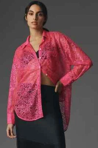 ANTHROPOLOGIE METALLIC LACE BUTTONDOWN SHIRT XL Hot Pink NWT $108 Easter Wish - Picture 1 of 17
